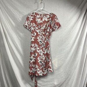 Roxy Floral‎ Wrap Dress Cap Sleeves Womens 4 Waist Tie Mauve Indie Low Neckline